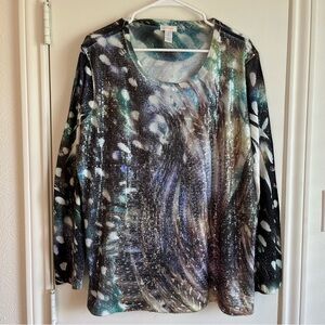 Chico's Women’s Size 3 XL Blouse Sequins Eclectic Dark Multicolor Long Sleeve